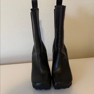 Off-White Black Stretch Leather Platform Ankle Boots with Pull Tabs